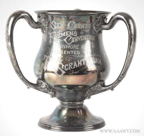 Silver Plated Presentation Loving Cup, Fireman's Convention, Pennsylvania, 1912
Three handled baluster form, engraved inscriptions, entire view